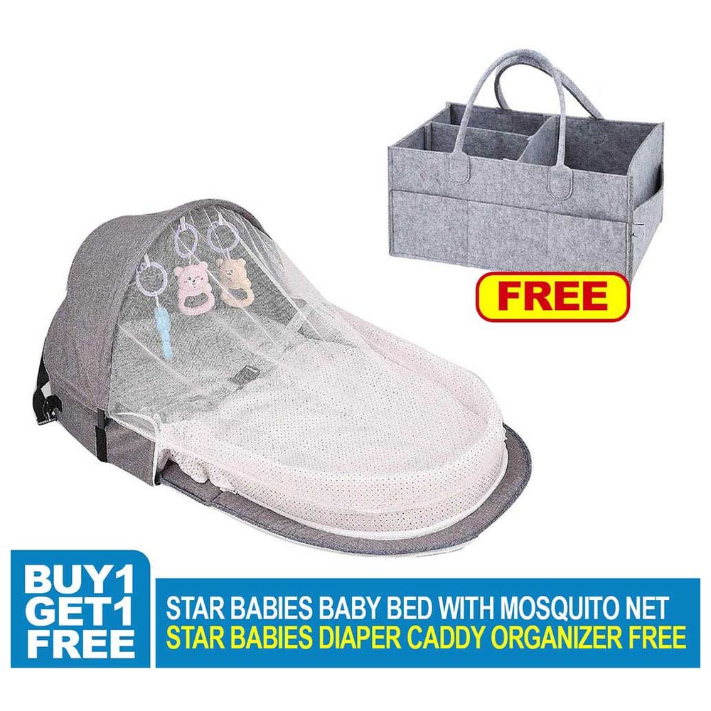 ستار بيبيز - سرير أطفال رمادي مقاوم للبعوض مع منظم حفاضات - رمادي