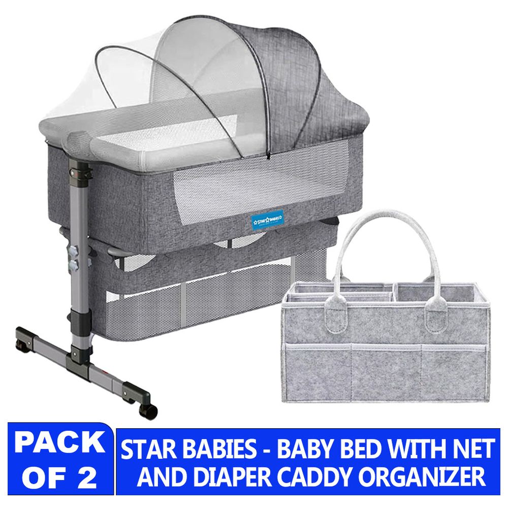 سرير أطفال ستار بيبيز - سرير جانبي مع حامل حفاضات - رمادي