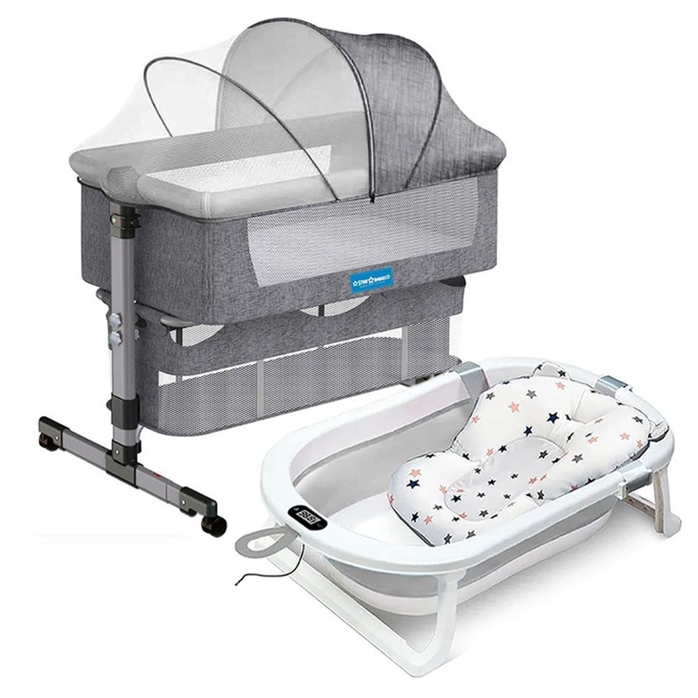 ستار بيبيز - سرير جانبي وحوض استحمام قابل للطي ومقياس حرارة - رمادي