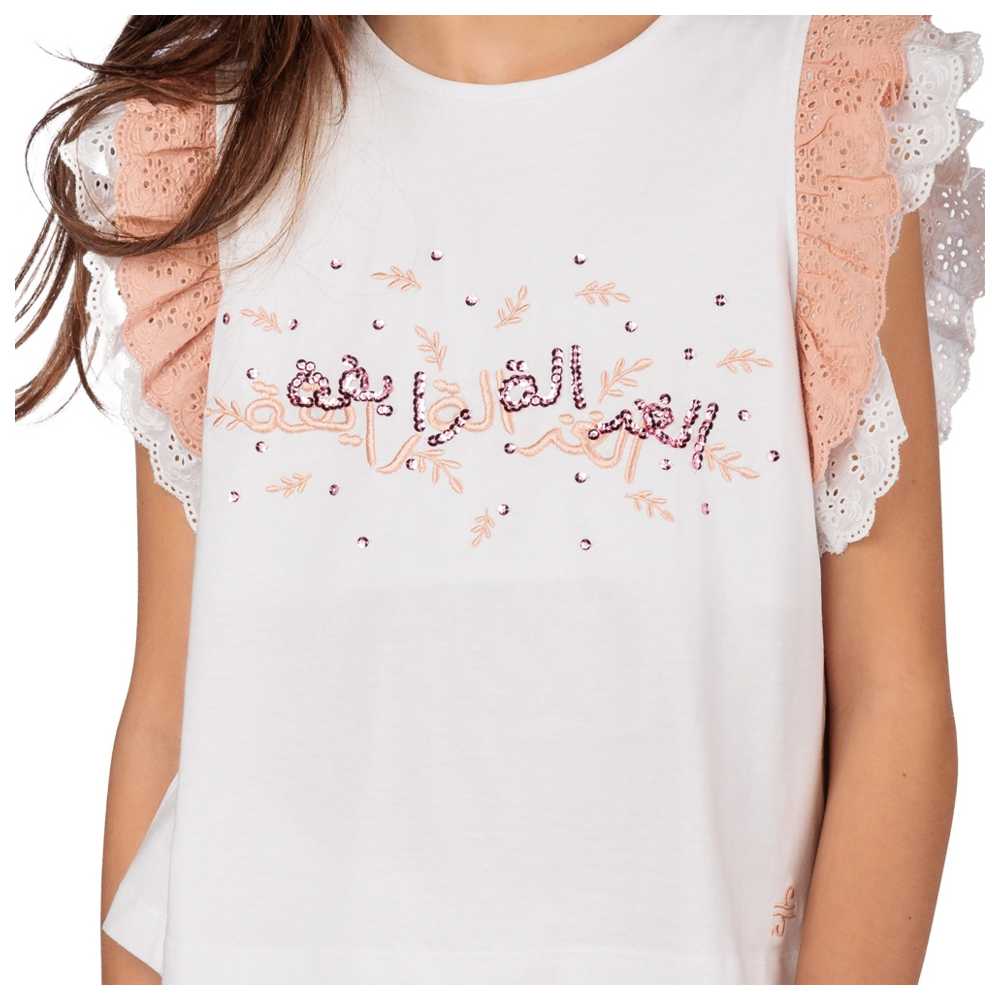 عين غين-  قميص بأكمام كروشيه للبنات الكبار - أبيض/وردي