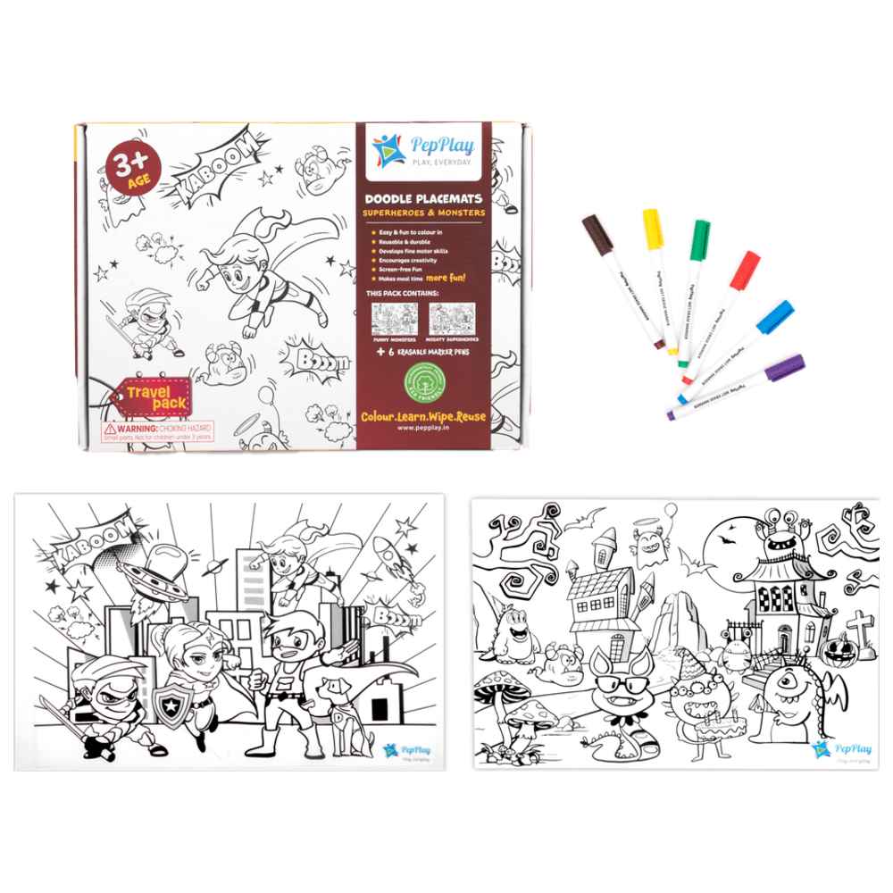 Pepplay - Superheroes & Monster Doodle Placemats - 8 Pcs