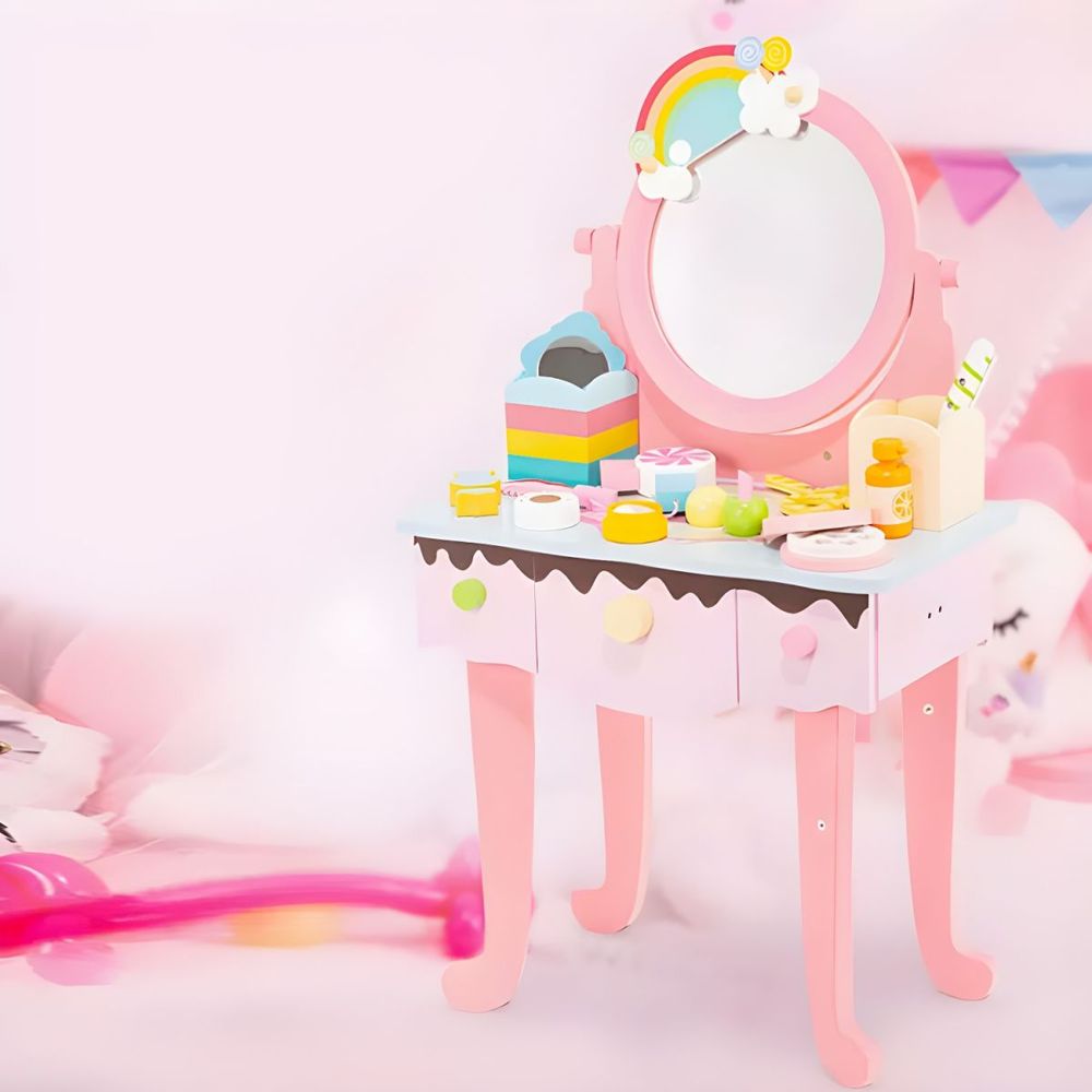 فاكتوري برايس - مجموعة مكياج خشبي للأطفال مع طاولة - أكثر من 15 قطعة