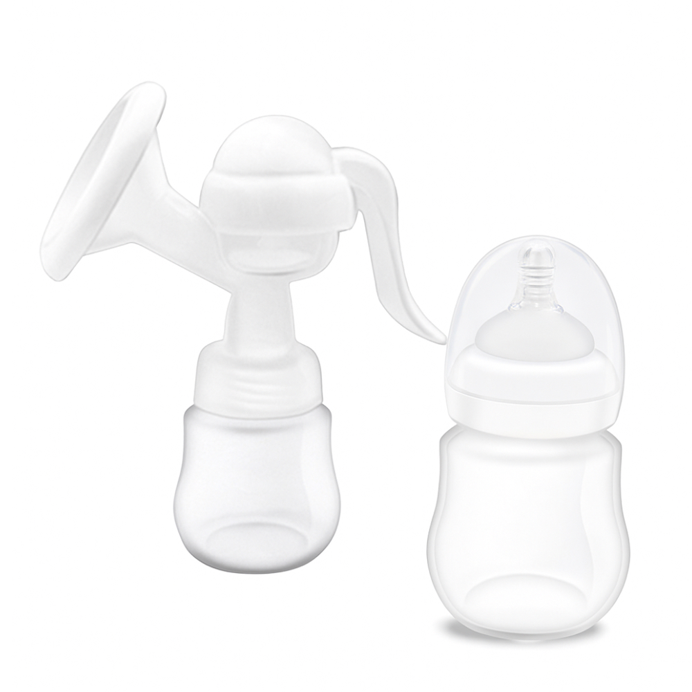 Factory Price - Manual Breast Pump, Milk Storage Bag & Bottle Set - White - 5 Pcs