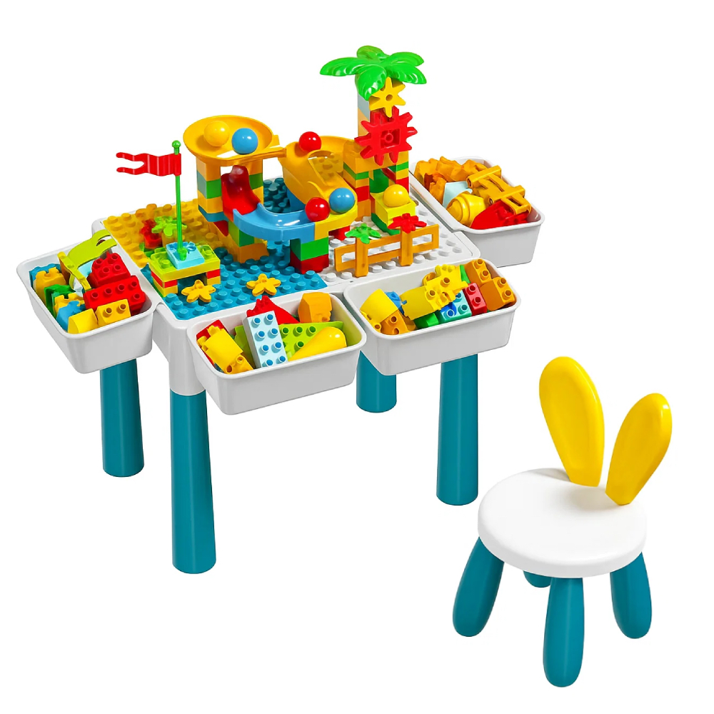 فاكتوري برايس - طاولة وكرسي نشاط متعددة الاستخدامات مع مكعبات بناء - عدد 85 قطعة