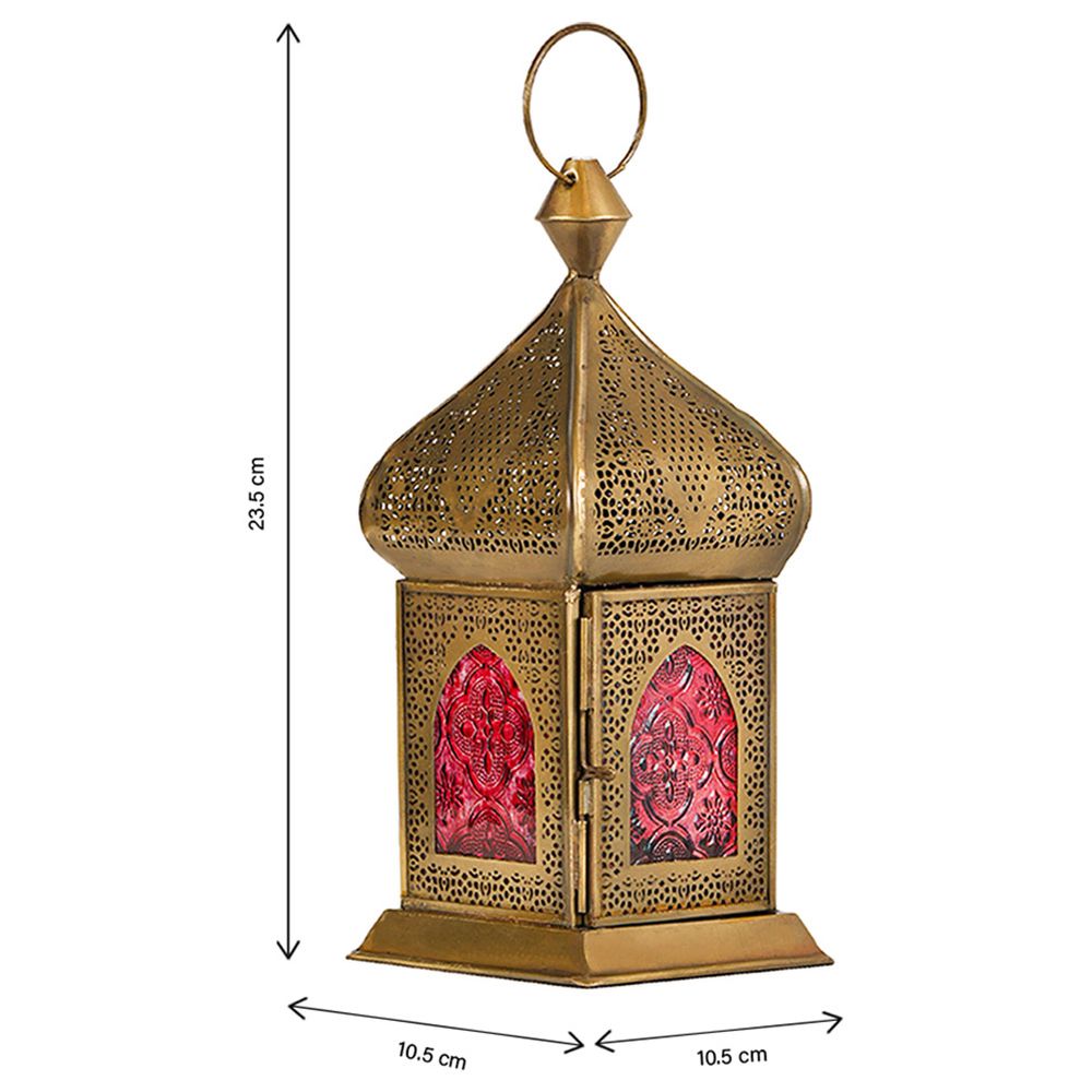 HilalFul - Damascene Brass Antique Lantern - Red Glass