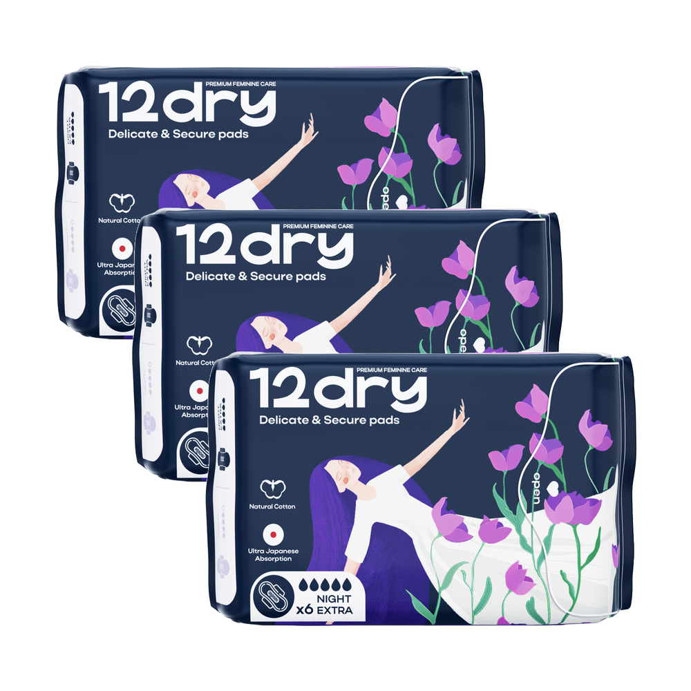 12dry - Ultra Thin Night Extra Pads - Pack of 3 - 18 pieces