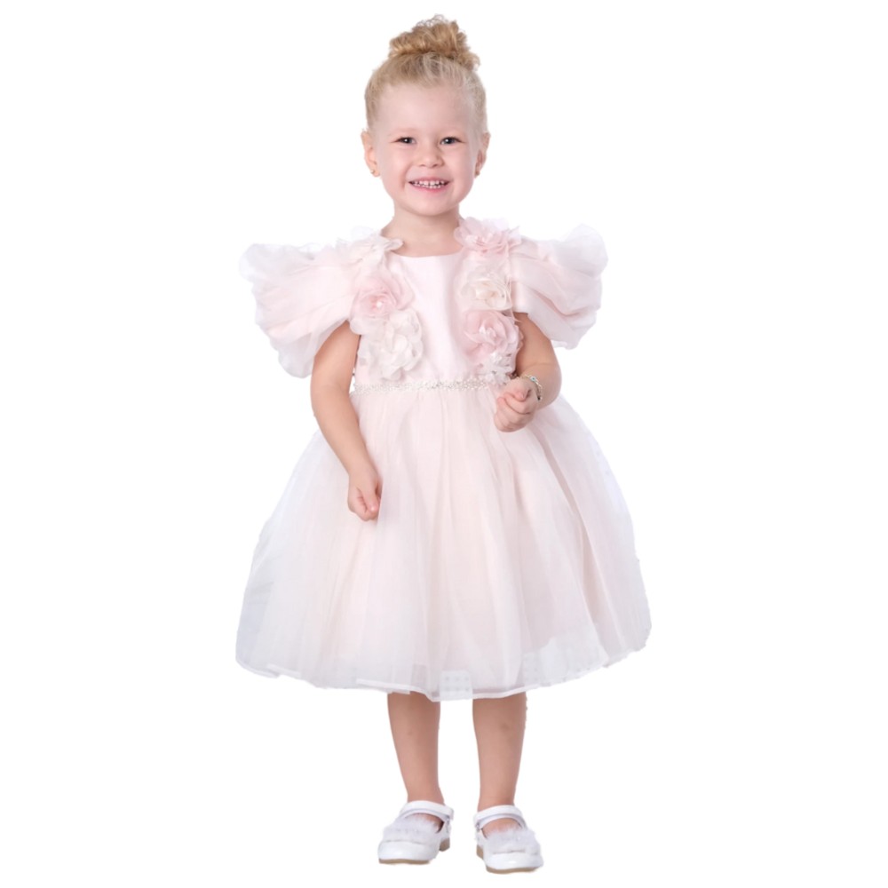 فيا بامبينو - فستان مزين بالورود للبنات - زهري فاتح