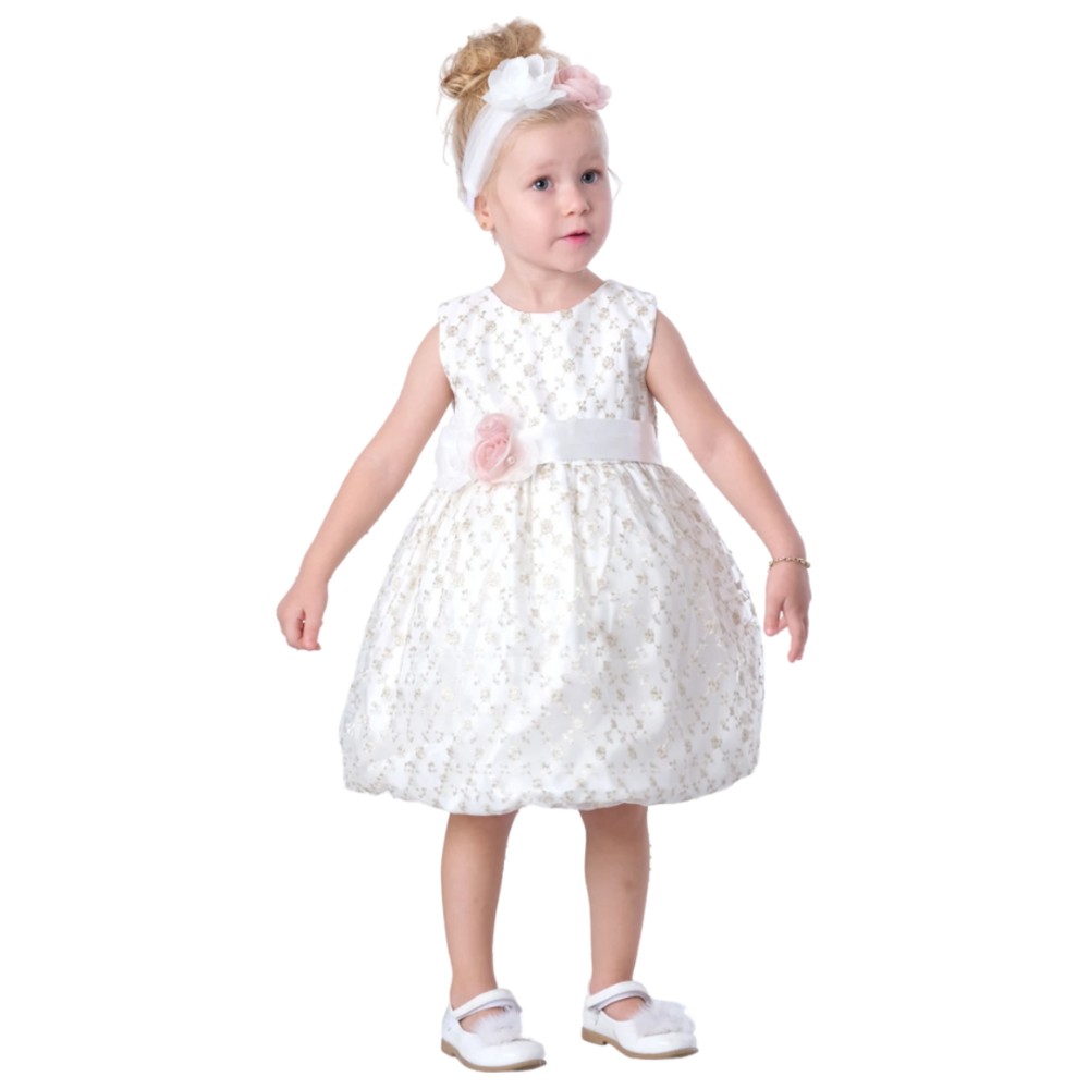 فيا بامبينو - فستان بدون أكمام مزين بالورود للرضع - أبيض
