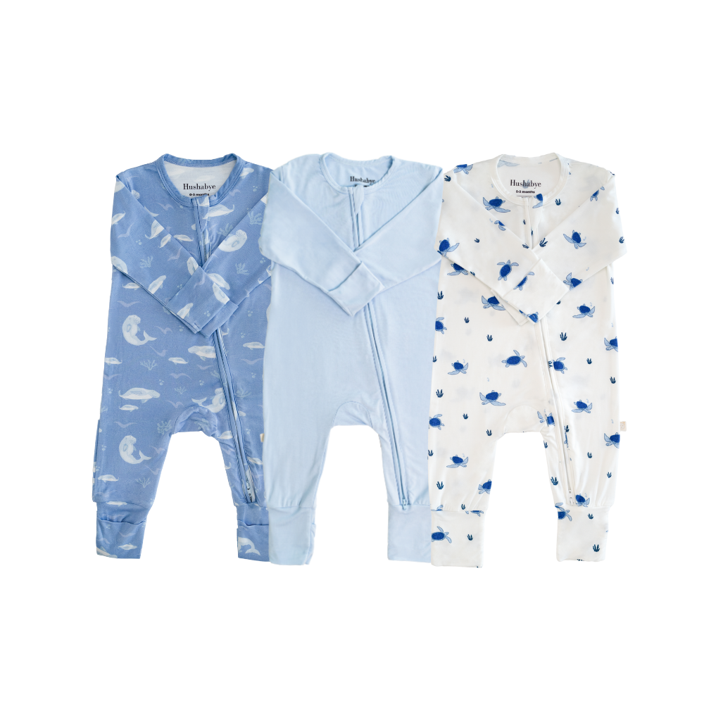 Hushabye 3pc-Set - Baby Zippered Bamboo Sleepsuit - Dugong/Blue/Turtle