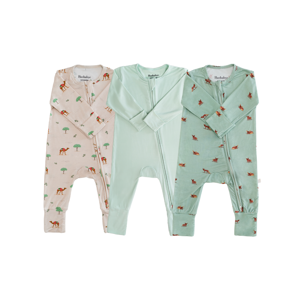 Hushabye 3pc-Set - Baby Zippered Bamboo Sleepsuit - Camel/Light Sage/Desert Fox