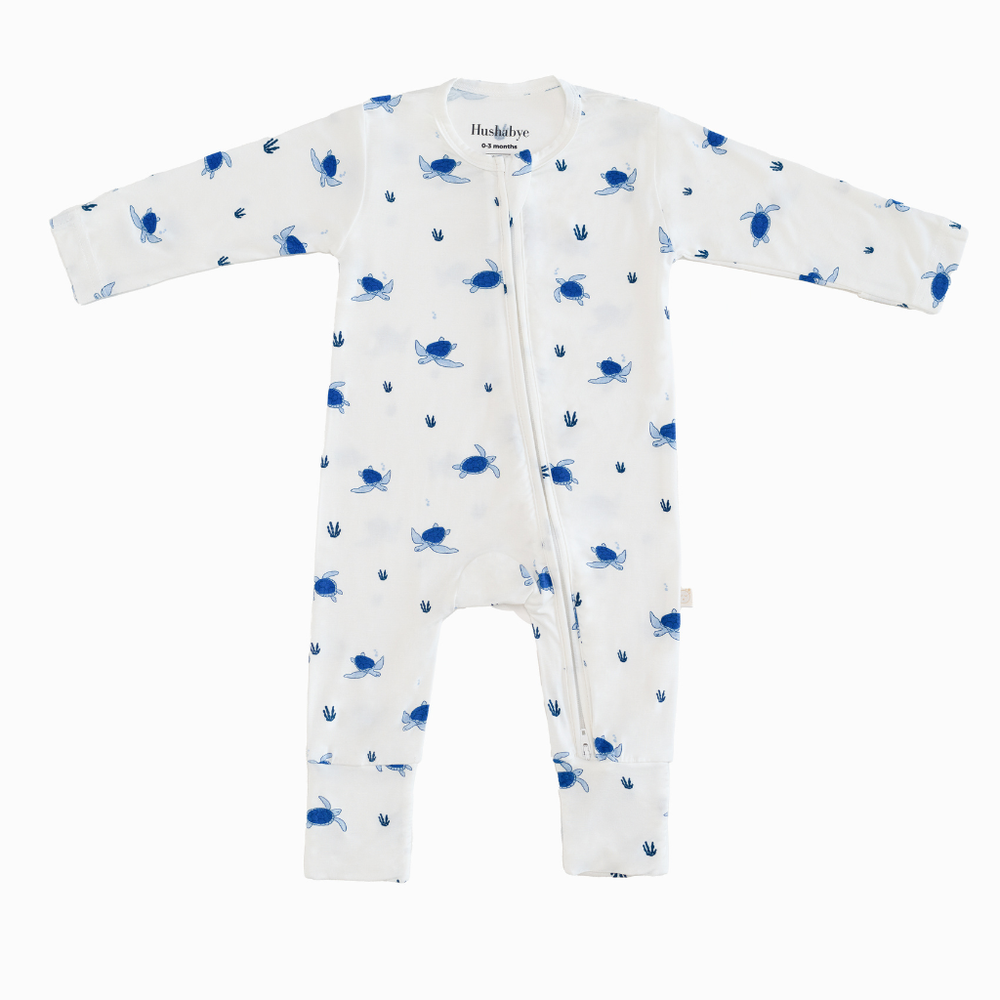 Hushabye - Organic Bamboo Turtles Printed Zippered Sleepsuit - White