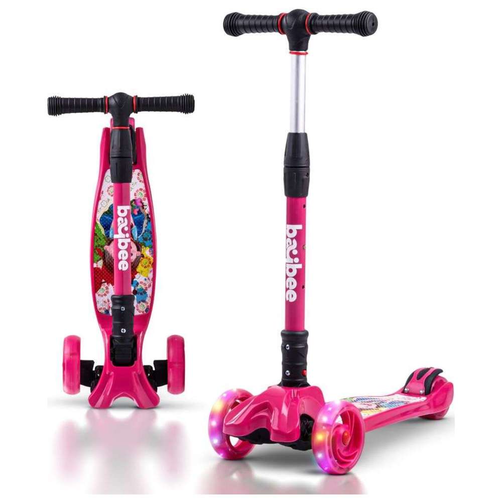 بايبي - سكوتر قابل للطي بإضاءة ليد للأطفال - وردي غامق