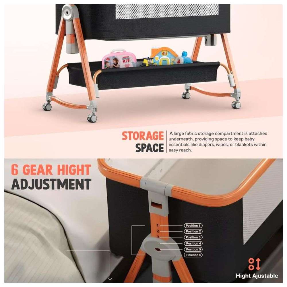 بايبي - مهد متنقل وسرير جانبي قابل للطي 3 في 1 - أسود