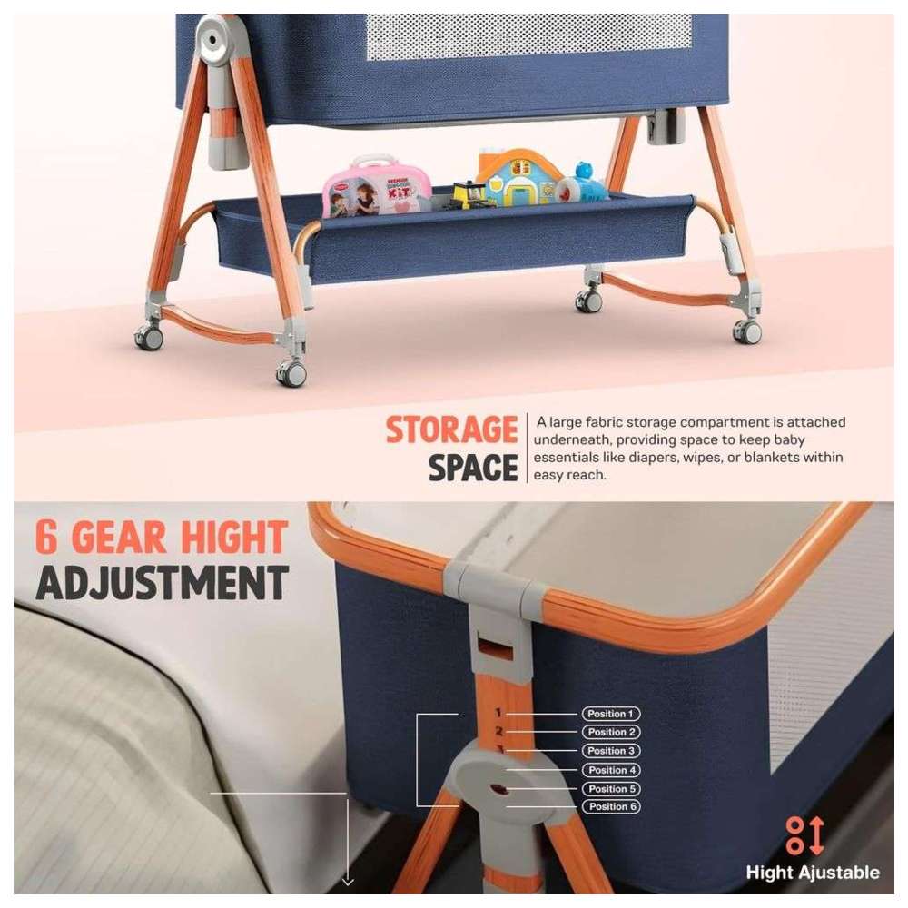 بايبي - مهد متنقل وسرير جانبي قابل للطي 3 في 1 - أزرق