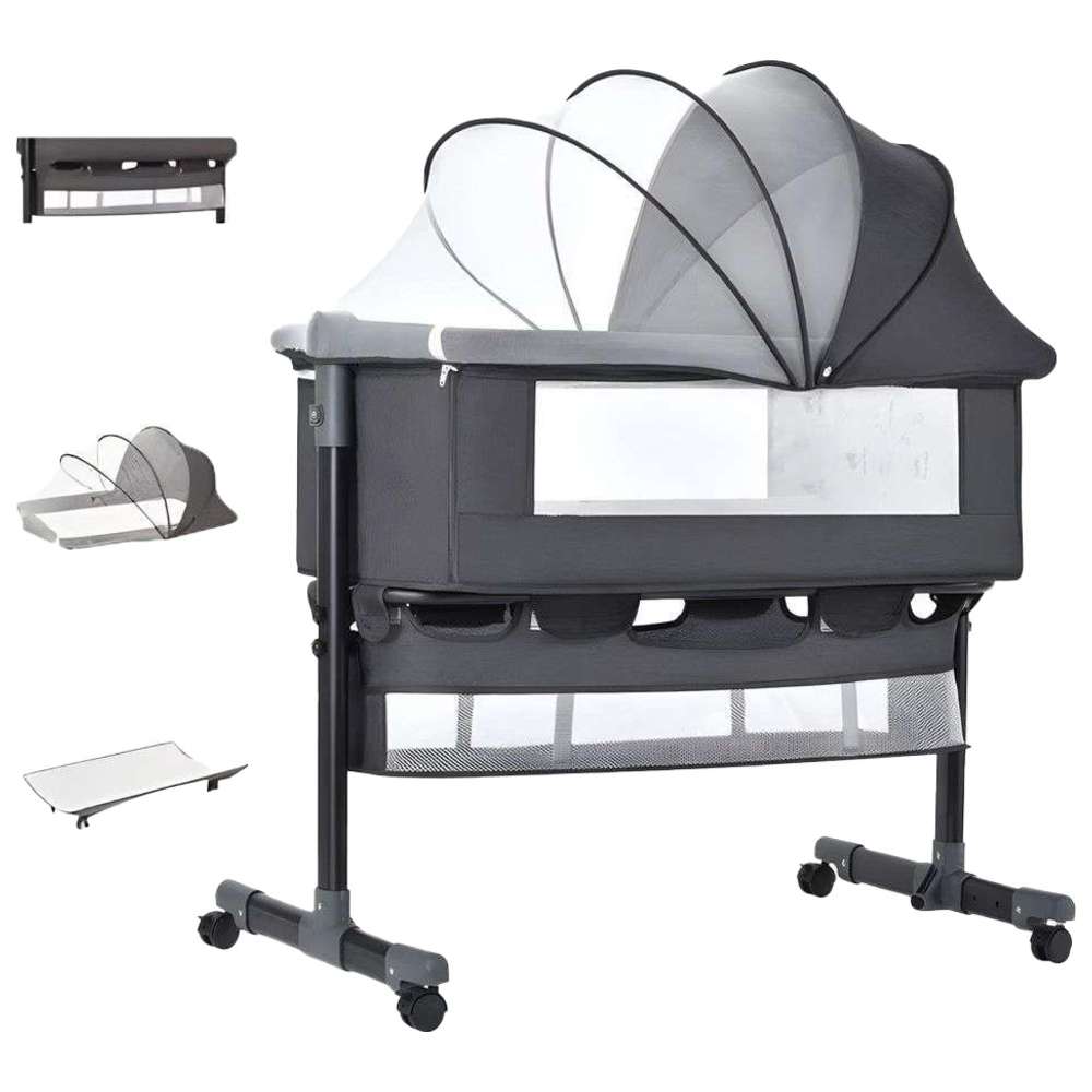 بايبي - مهد جانبي قابل للطي 3 في 1 بعجلات - رمادي
