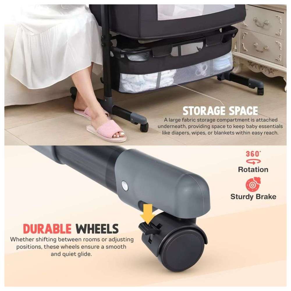 بايبي - مهد جانبي قابل للطي 3 في 1 بعجلات - رمادي