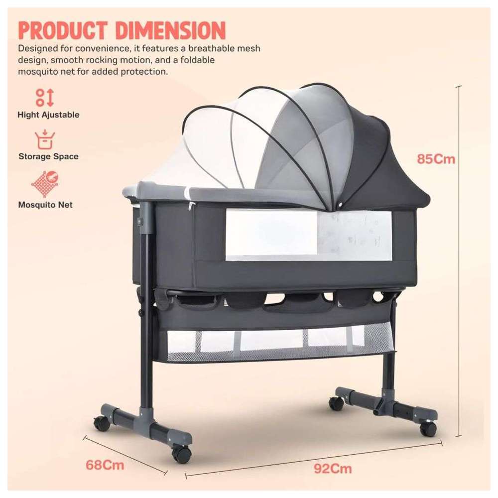 بايبي - مهد جانبي قابل للطي 3 في 1 بعجلات - رمادي
