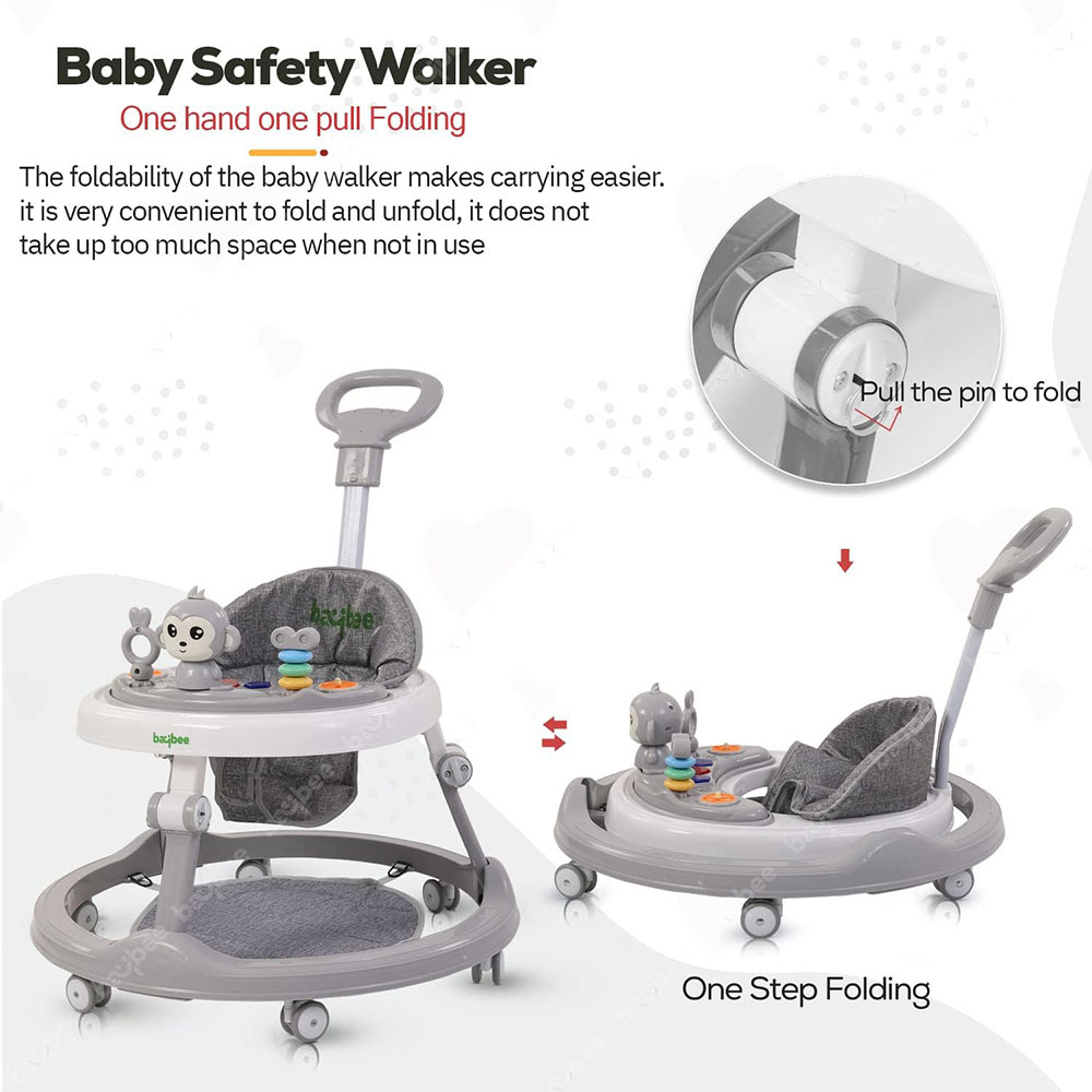 بايبي - مشاية أطفال درونو برو مع مقبض للوالدين وقضيب ألعاب - رمادي