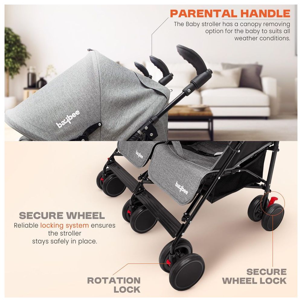 Baybee - 2-in-1 Twin Baby Stroller - Grey