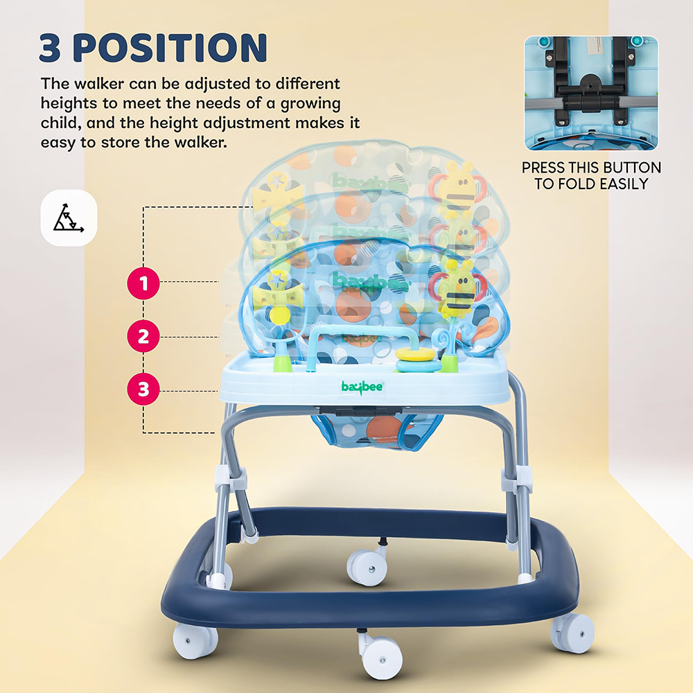 بايبي - مشاية أطفال إلزو مع ارتفاع قابل للتعديل، موسيقى وأضواء - أزرق
