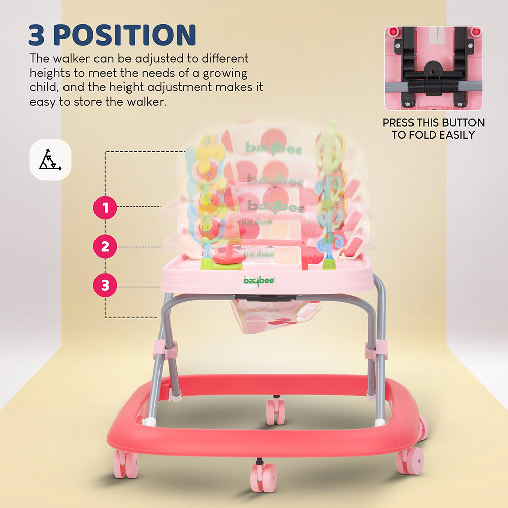 بايبي - مشاية أطفال إلزو مع ارتفاع قابل للتعديل، موسيقى وأضواء - وردي