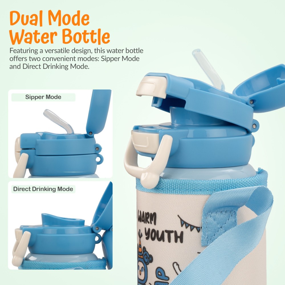 بايبي - زمزمية ماء للأطفال 2 في 1 ستانلس ستيل - أزرق - 500 مل