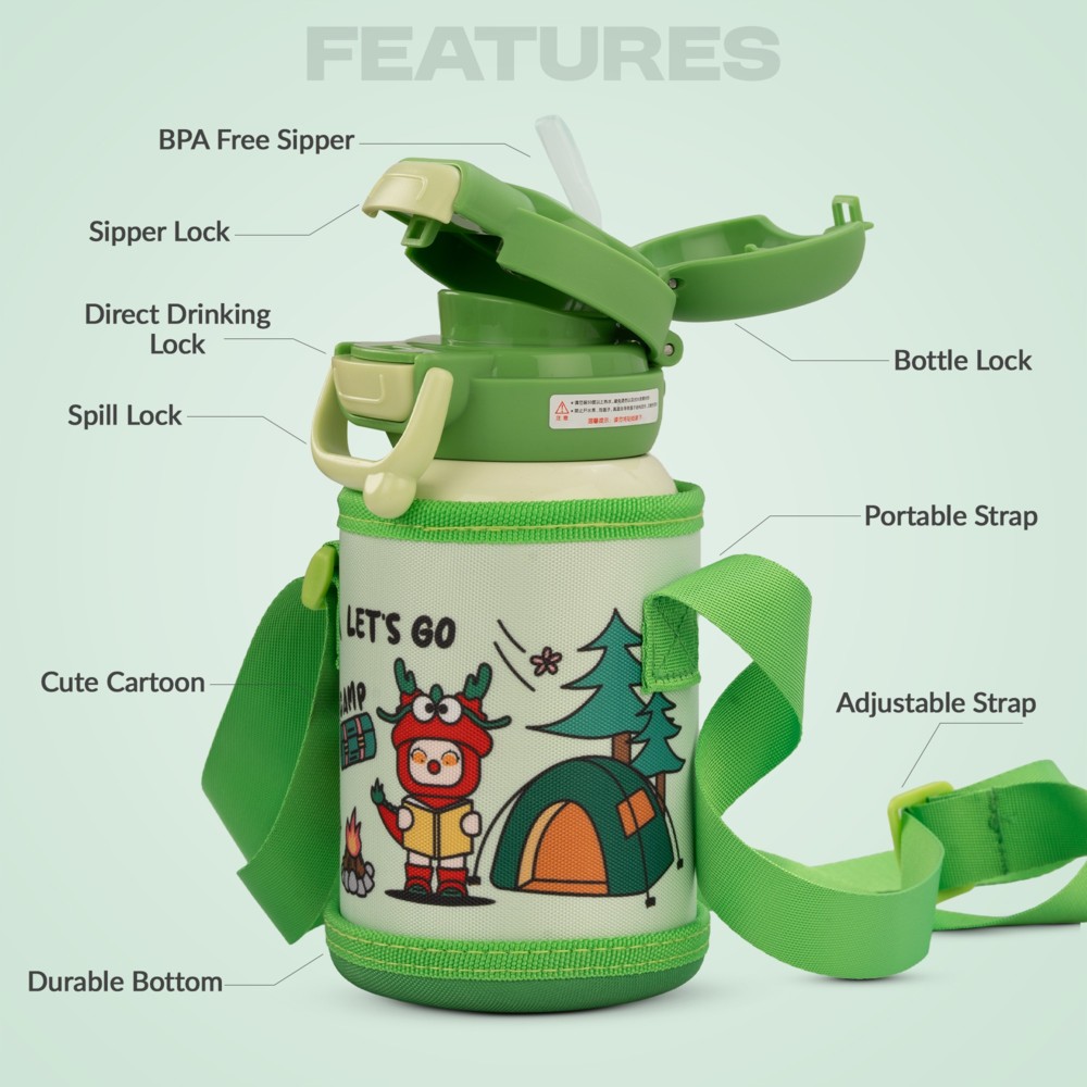 بايبي - زمزمية ماء للأطفال 2 في 1 ستانلس ستيل - أخضر - 500 مل