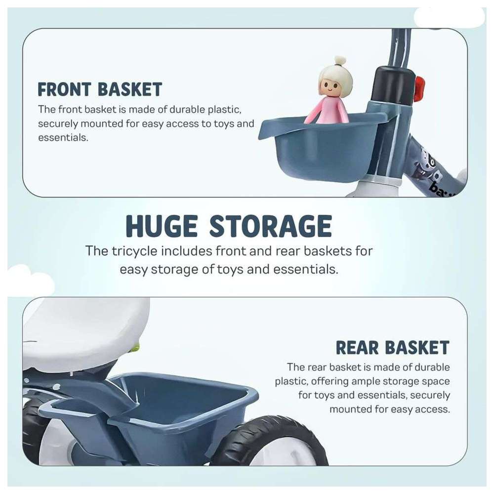 بايبي - دراجة ثلاثية العجلات روليتو مع مقبض كاميرا للأطفال - أزرق