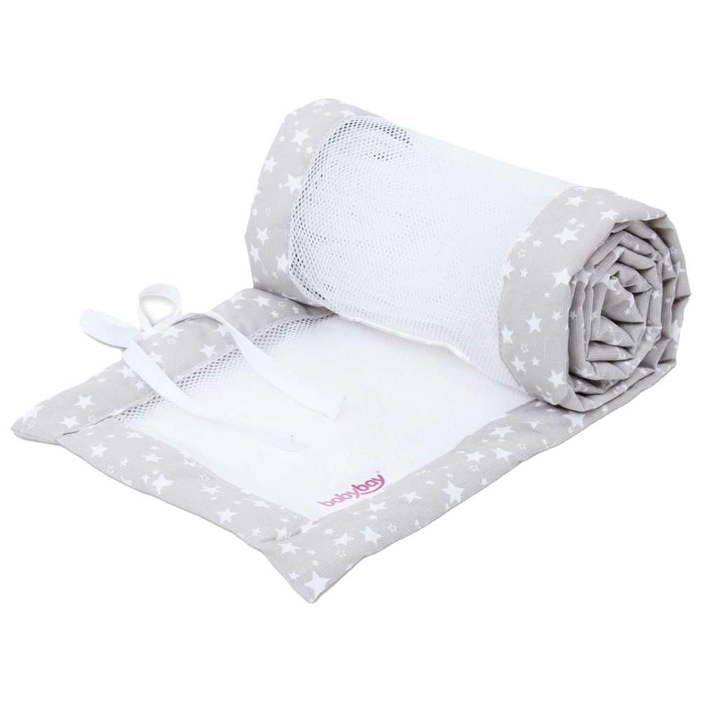 بيبي باي - حاجز سرير أطفال شبكي من البيكيه - رمادي لؤلؤي مع نجوم بيضاء