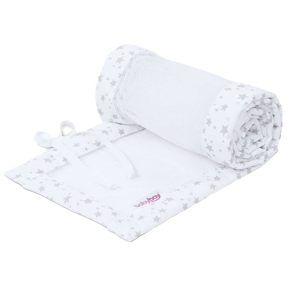 بيبي باي - حاجز سرير أطفال شبكي من البيكيه - أبيض نجوم لؤلؤي رمادي