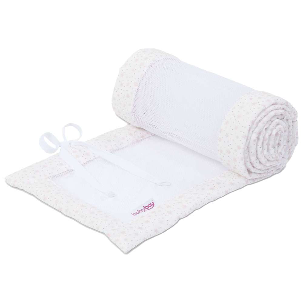 بيبي باي - حاجز سرير أطفال شبكي من البيكيه - نجوم وردية لامعة بيضاء