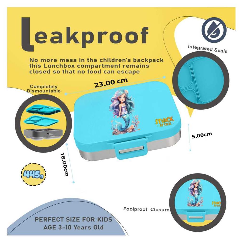 Snack Attack - 4 Compartment Stainless Steel Lunch Bento Box - Aqua Mermaid - 710 ml