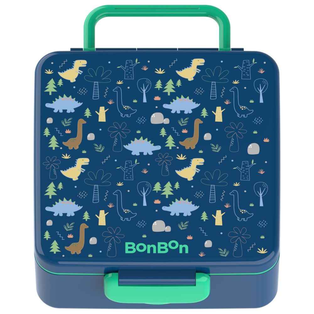 BonBon - Functional 3-4 Compartment Leakproof Lunchbox with Cutlery and Food Jar - Green Dino