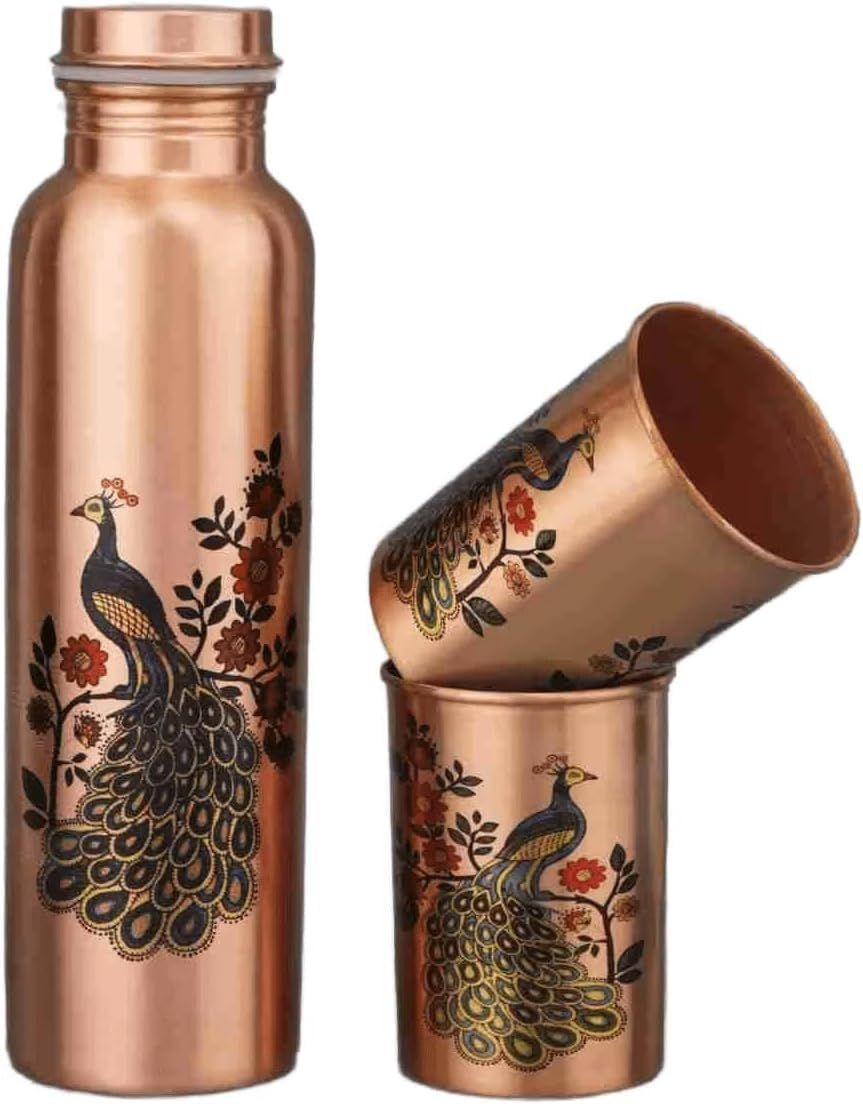 Voidrop Peacock Printed Pure Copper Water Bottle & Glass Set - Brown - 3 Pcs