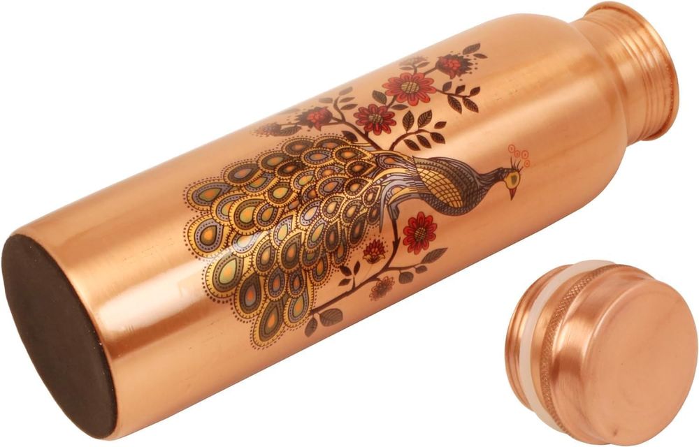 Voidrop - Peacock Printed Pure Copper Water Bottle & Glass Set - Brown - 3 Pcs