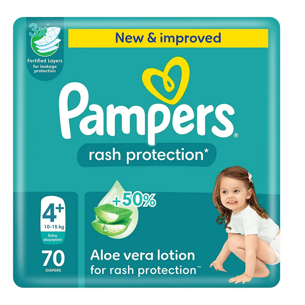 Pampers - Rash Protection Taped Diapers - Size 4+ - 10-15 kg - 70 Count