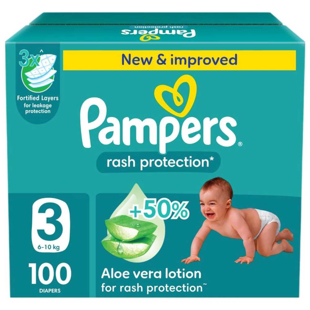 Pampers - Rash Protection Baby Diapers - Jumbo Box - Size 3 - 6-10 Kg - 100 Count