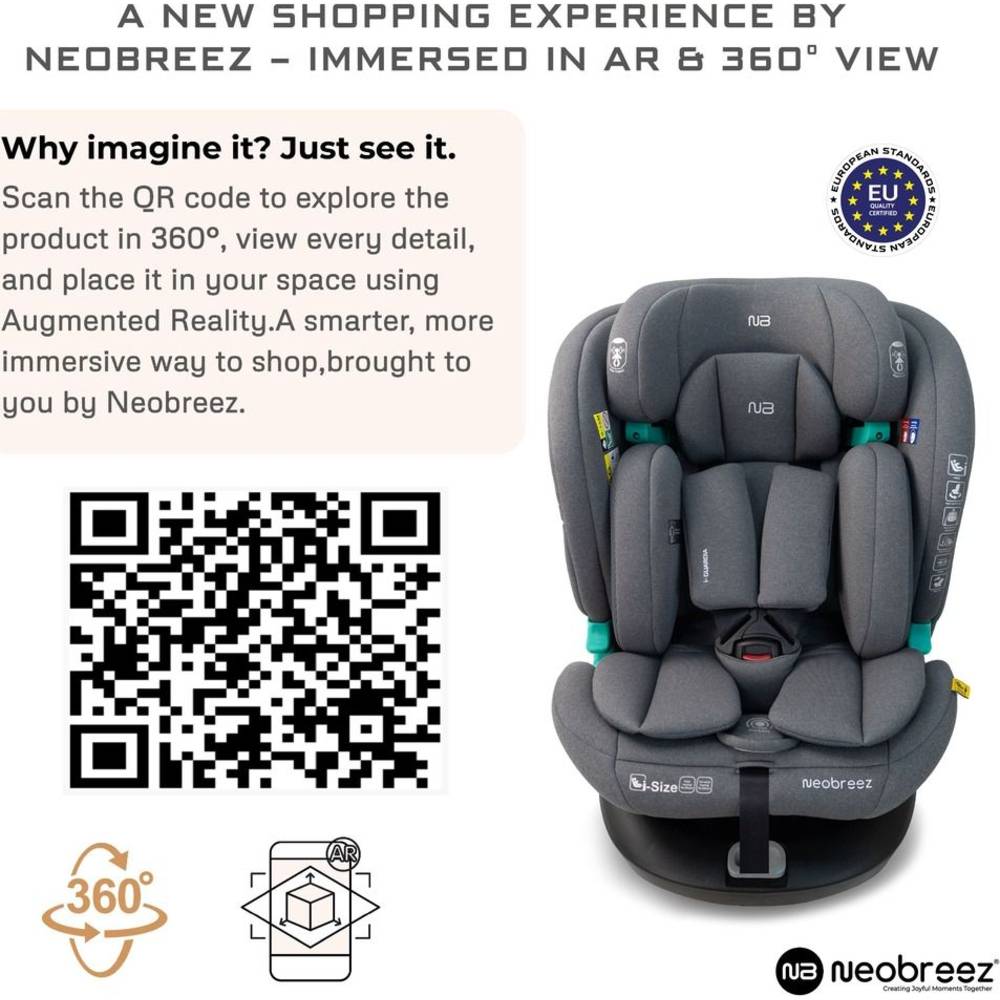 Neobreez i-Guardia 360-Degree Isofix i-Size Car Seat, All-In-1, 0-12Yrs - Grey