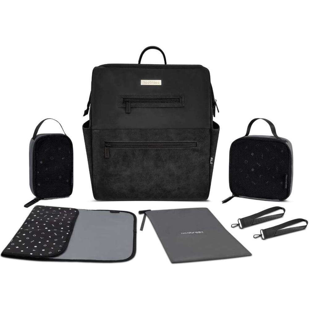 نيو بريز - حقيبة ظهر ريلو للحفاضات، 7 قطع مع حصيرة تغيير الحفاضات، وحقيبة مبللة، وأكياس - أسود