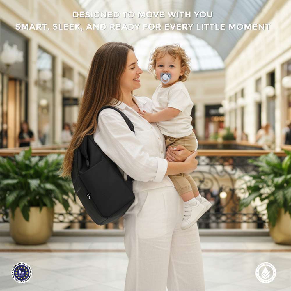 نيو بريز - حقيبة ظهر ريلو للحفاضات، 7 قطع مع حصيرة تغيير الحفاضات، وحقيبة مبللة، وأكياس - أسود