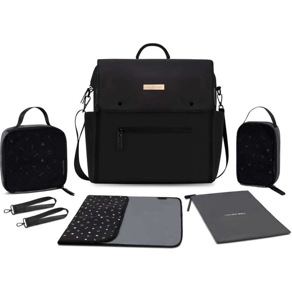 Neobreez Nixe Diaper Backpack 7pc-Set with Changing Mat, Wet Bag &Pouches - Black 