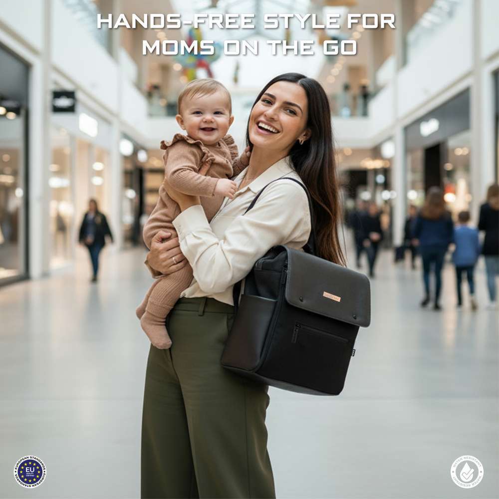 نيو بريز - شنطة ظهر للحفاضات نيكسي، 7 قطع، مع حصيرة تغيير الحفاضات، وشنطة للقطع مبللة، وأكياس - أسود