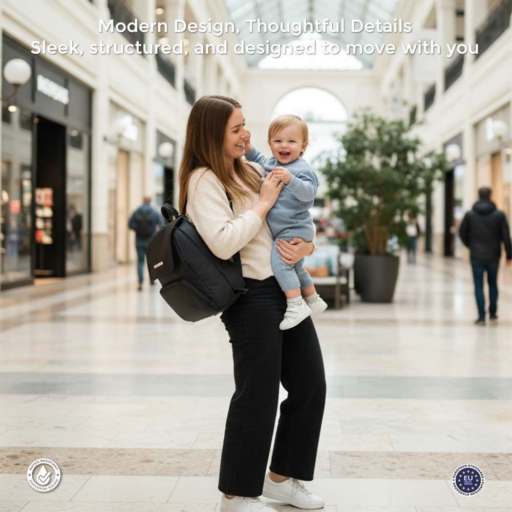 نيو بريز - شنطة ظهر زوري للحفاضات، 7 قطع مع حصيرة تغيير الحفاضات، وشنطة للقطع مبللة، وأكياس - أسود