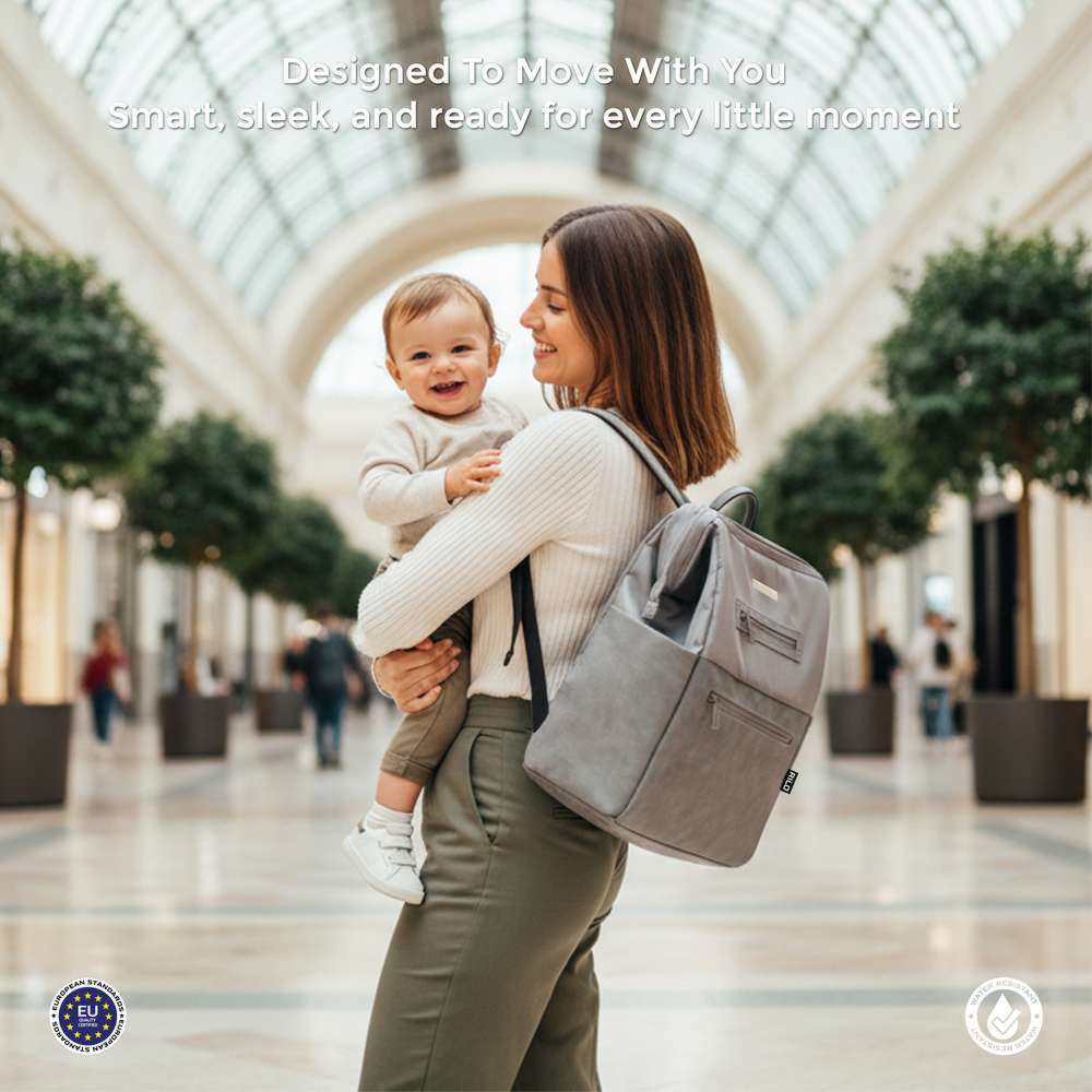 Neobreez Rilo Diaper Backpack 7pc-Set with Changing Mat, Wet Bag & Pouches - Stone Grey