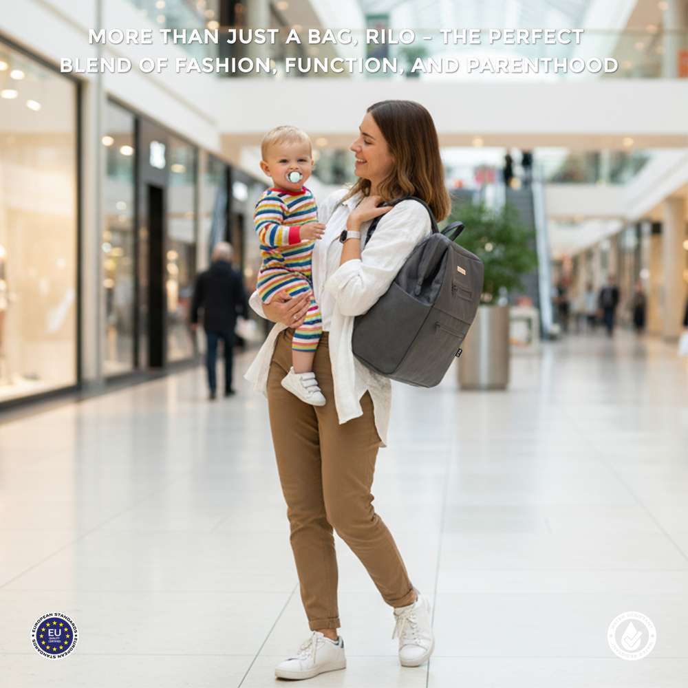 Neobreez Rilo Diaper Backpack 7pc-Set with Changing Mat, Wet Bag & Pouches - Dark Grey