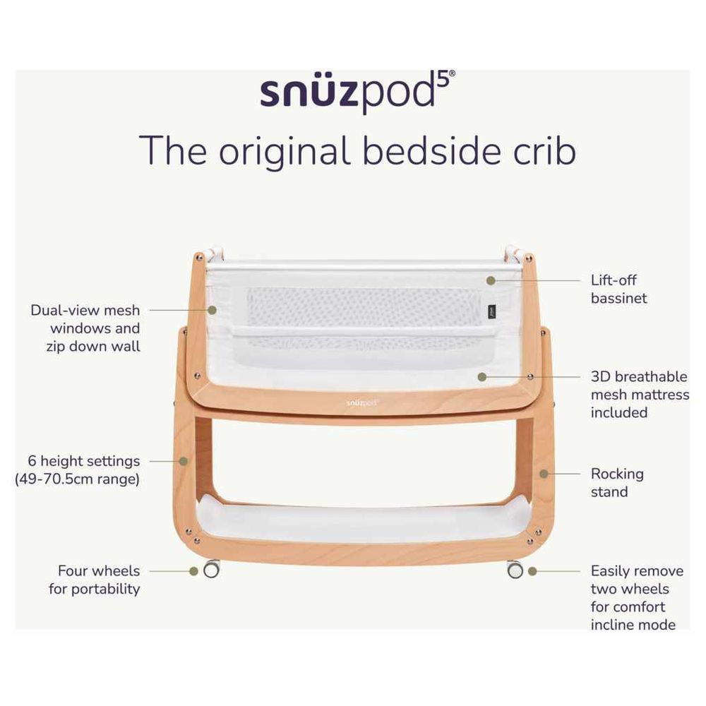 Snuz SnuzPod 5 Bedside Crib - Pebble