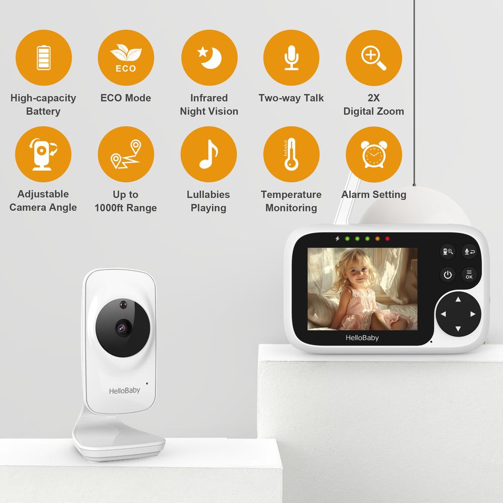 Hello Baby 3.2 Inch LCD Video Baby Monitor 1000 Ft - 2 Way Talk Night Vision