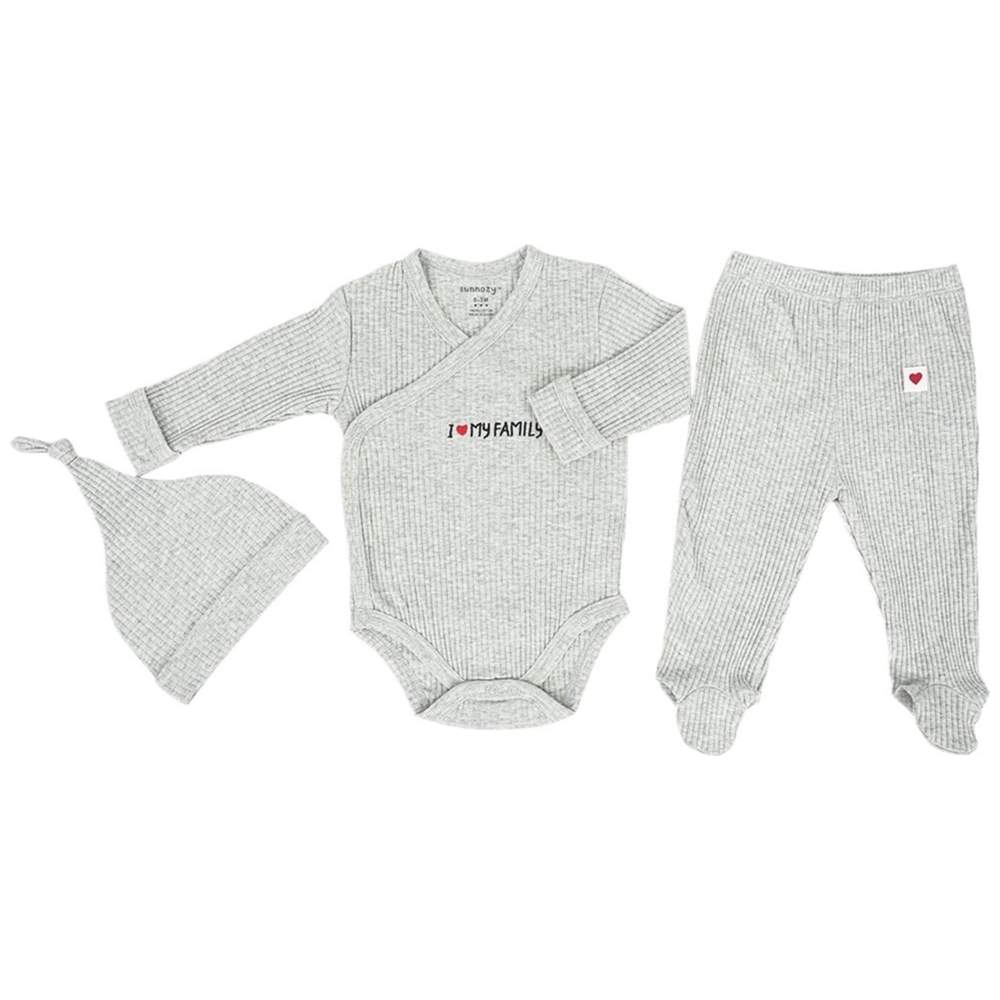 Sunnozy - 3pc-Set - Baby Onesie, Footed Pants & Beanie Cap - Grey