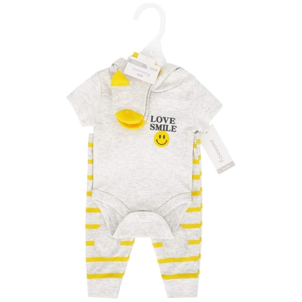 Sunnozy - 3pc-Set - Baby Hooded Onesie, Pants & Socks - Love Smile