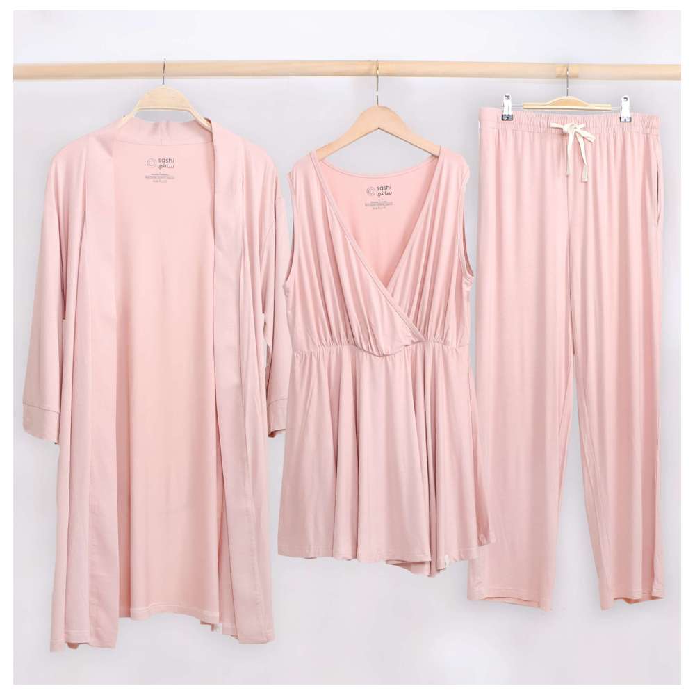 Sashi - 3pc-Set - Mama Comfort Pants, Top & Robe Set - Pink